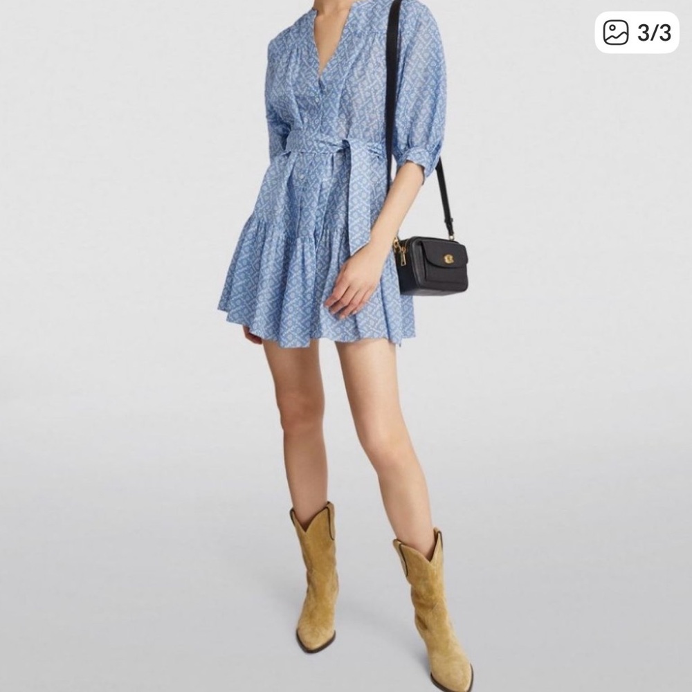 Sandro Light Blue Printed V-Neck Mini Dress with Tie Waist